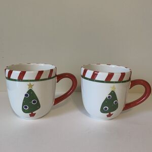 Pier 1 Coffee Mugs Lot of 2 Christmas Tree Red Striped Rim Handpainted Ironstone